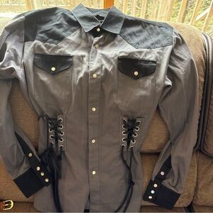 Shrine Of Hollywood Corseted Western Shirt Gray Goth Steampunk Women’s Sz XL